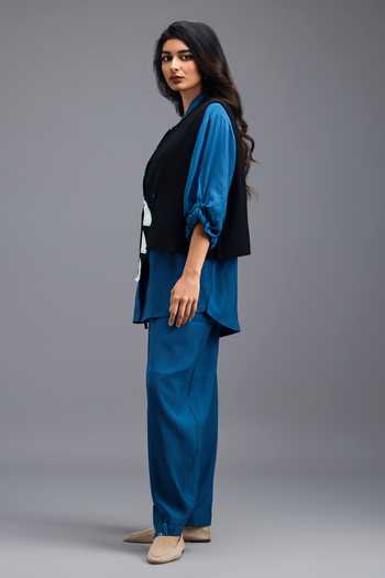 Deepika Arora_Blue Linen Mandarin Collar Neon Pipe Work Jacket And Pant Set _at_Aza_Fashions
