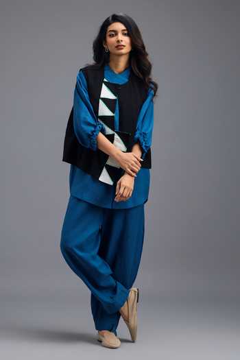 Deepika Arora_Blue Linen Mandarin Collar Neon Pipe Work Jacket And Pant Set _Online_at_Aza_Fashions
