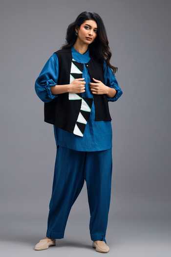 Buy_Deepika Arora_Blue Linen Mandarin Collar Neon Pipe Work Jacket And Pant Set 