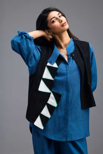 Shop_Deepika Arora_Blue Linen Mandarin Collar Neon Pipe Work Jacket And Pant Set 