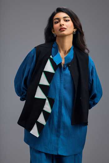 Deepika Arora_Blue Linen Mandarin Collar Neon Pipe Work Jacket And Pant Set _Online