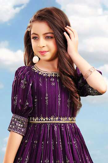 Jhambthreads_Purple Georgette Embroidery Pleated Floral Gown _Online_at_Aza_Fashions