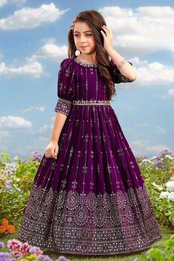 Buy_Jhambthreads_Purple Georgette Embroidery Pleated Floral Gown _at_Aza_Fashions