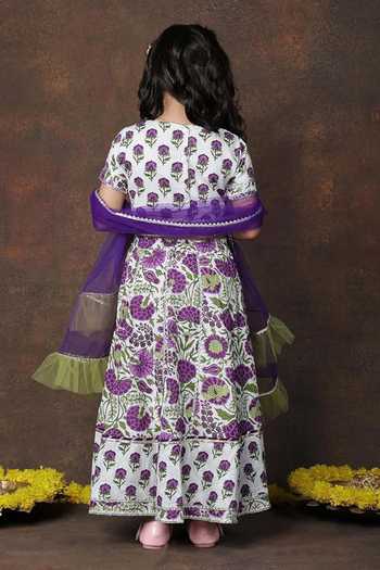 Shop_Jhambthreads_White Cotton, Net Floral Print Lehenga Set _at_Aza_Fashions