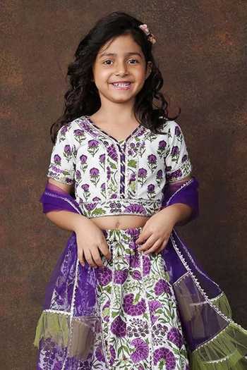 Buy_Jhambthreads_White Cotton, Net Floral Print Lehenga Set _Online_at_Aza_Fashions