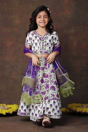 Buy_Jhambthreads_White Cotton, Net Floral Print Lehenga Set _at_Aza_Fashions