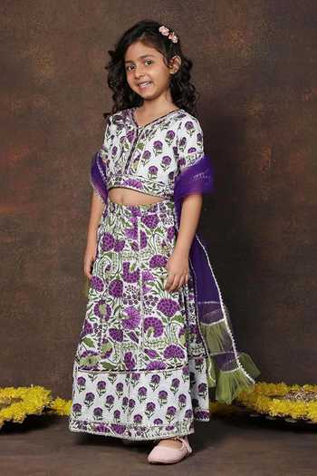 Shop_Jhambthreads_White Cotton, Net Floral Print Lehenga Set _Online_at_Aza_Fashions