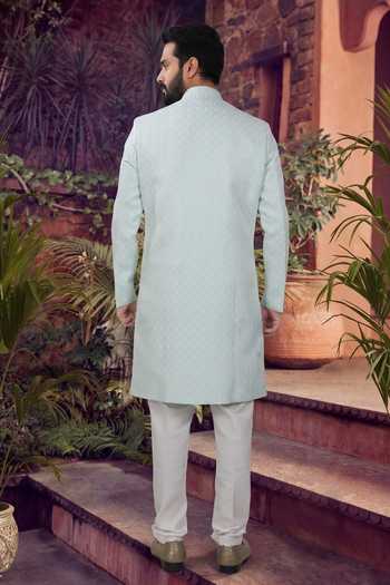 Shop_Jhambthreads_Blue Jacquard, Polyester Woven Kurta And Pant Set _at_Aza_Fashions