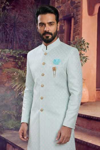 Jhambthreads_Blue Jacquard, Polyester Woven Kurta And Pant Set _Online_at_Aza_Fashions