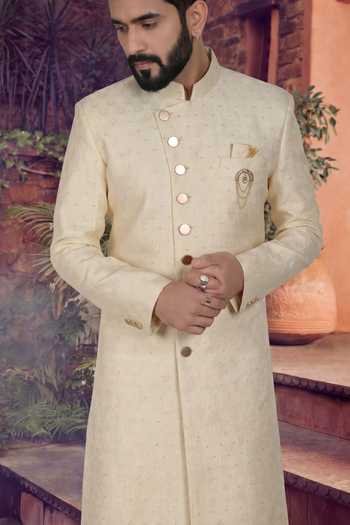 Jhambthreads_Yellow Polyester, Jacquard Woven Sherwani And Pant Set _Online_at_Aza_Fashions