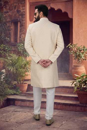 Shop_Jhambthreads_Yellow Polyester, Jacquard Woven Sherwani And Pant Set _at_Aza_Fashions
