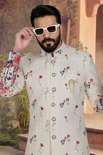 Jhambthreads_Off White Polyester, Silk Printed Sherwani And Pant Set _Online_at_Aza_Fashions