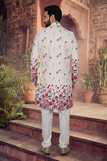 Shop_Jhambthreads_Off White Polyester, Silk Printed Sherwani And Pant Set _at_Aza_Fashions