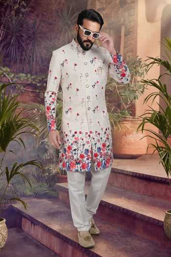 Buy_Jhambthreads_Off White Polyester, Silk Printed Sherwani And Pant Set _at_Aza_Fashions