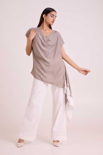 Buy_MADDER MUCH_Grey Crepe, Cotton, Denim Cowl Neck Vesa Graphite Top And Pant Set _at_Aza_Fashions
