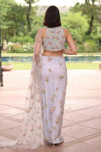 Shop_Summer By Priyanka Gupta_Blue Net Halter Neck Crystal Garden Saree With Blouse _at_Aza_Fashions