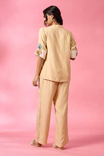 Shop_Neitri_Yellow Chanderi Split V-neck Sand Star Top And Pant Co-ord Set _at_Aza_Fashions