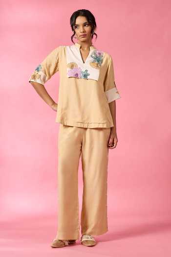 Buy_Neitri_Yellow Chanderi Split V-neck Sand Star Top And Pant Co-ord Set _at_Aza_Fashions