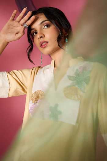 Neitri_Yellow Chanderi Split V-neck Sand Star Top And Pant Co-ord Set _Online_at_Aza_Fashions