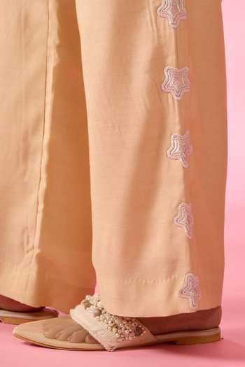 Buy_Neitri_Yellow Chanderi Split V-neck Sand Star Top And Pant Co-ord Set _Online_at_Aza_Fashions
