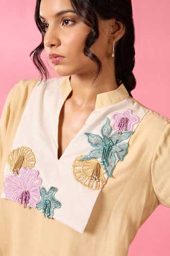 Shop_Neitri_Yellow Chanderi Split V-neck Sand Star Top And Pant Co-ord Set _Online_at_Aza_Fashions