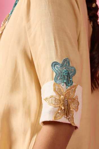 Neitri_Yellow Chanderi Split V-neck Sand Star Top And Pant Co-ord Set _at_Aza_Fashions