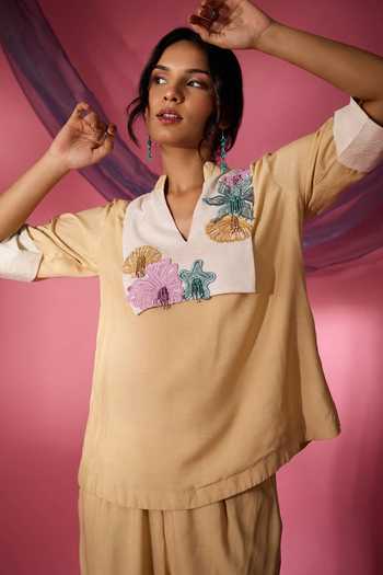 Buy_Neitri_Yellow Chanderi Split V-neck Sand Star Top And Pant Co-ord Set 