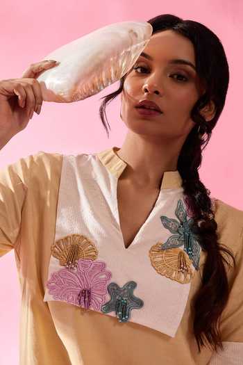 Neitri_Yellow Chanderi Split V-neck Sand Star Top And Pant Co-ord Set _Online