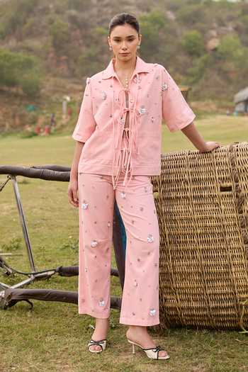 Buy_Kay Kay_Pink Denim Collared Neck Rosalia Tie-up Top And Pant Set _at_Aza_Fashions