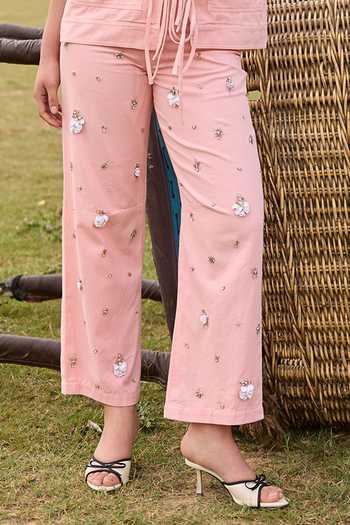 Kay Kay_Pink Denim Collared Neck Rosalia Tie-up Top And Pant Set _Online_at_Aza_Fashions
