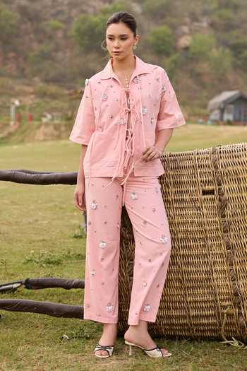 Buy_Kay Kay_Pink Denim Collared Neck Rosalia Tie-up Top And Pant Set _Online_at_Aza_Fashions