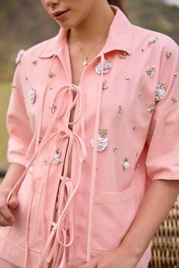 Kay Kay_Pink Denim Collared Neck Rosalia Tie-up Top And Pant Set _at_Aza_Fashions