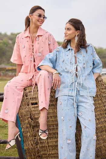 Shop_Kay Kay_Pink Denim Collared Neck Rosalia Tie-up Top And Pant Set _Online