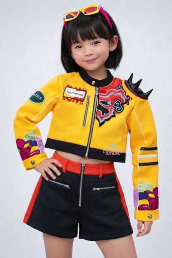 Buy_Toplove_Yellow Neoprene, Lurex, Leather Embroidery, Kpop Rumi Jacket And Shorts Set _at_Aza_Fashions