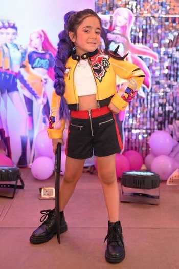 Toplove_Yellow Neoprene, Lurex, Leather Embroidery, Kpop Rumi Jacket And Shorts Set _at_Aza_Fashions