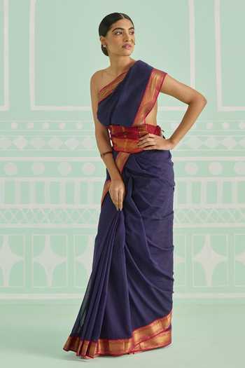 Shop_Amaara_Blue Handloom Cotton Pure Saree With Running Blouse _at_Aza_Fashions