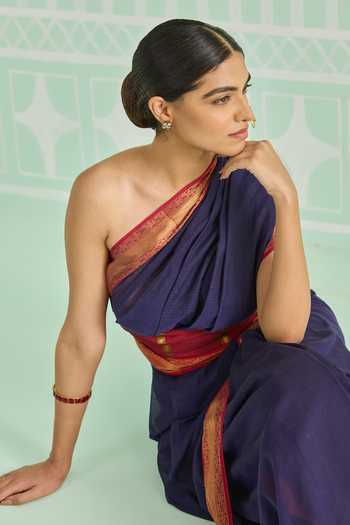 Amaara_Blue Handloom Cotton Pure Saree With Running Blouse _Online_at_Aza_Fashions