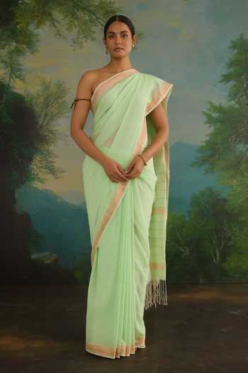 Buy_Amaara_Green Handloom Cotton Mint Saree With Running Blouse _at_Aza_Fashions