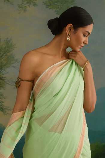 Amaara_Green Handloom Cotton Mint Saree With Running Blouse _Online_at_Aza_Fashions