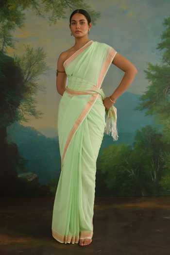 Buy_Amaara_Green Handloom Cotton Mint Saree With Running Blouse _Online_at_Aza_Fashions