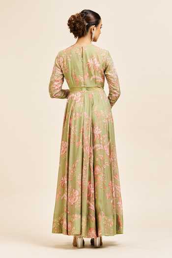 Shop_Issa Studio By Chetana & Swathi_Green Organza Embroidery Round Neck Aanya Printed And Gown _at_Aza_Fashions