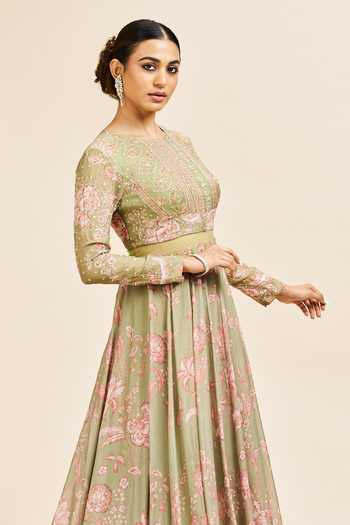 Issa Studio By Chetana & Swathi_Green Organza Embroidery Round Neck Aanya Printed And Gown _Online_at_Aza_Fashions