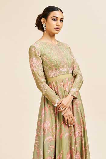 Buy_Issa Studio By Chetana & Swathi_Green Organza Embroidery Round Neck Aanya Printed And Gown _Online_at_Aza_Fashions