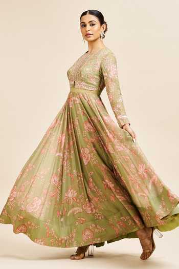 Shop_Issa Studio By Chetana & Swathi_Green Organza Embroidery Round Neck Aanya Printed And Gown _Online_at_Aza_Fashions