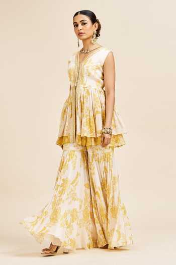 Buy_Issa Studio By Chetana & Swathi_Ivory Georgette V-neck Aashi Floral Print Peplum Kurta And Sharara Set _Online_at_Aza_Fashions