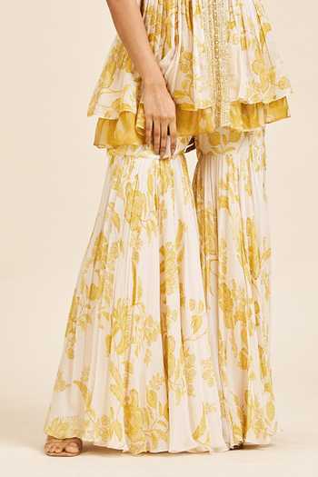 Issa Studio By Chetana & Swathi_Ivory Georgette V-neck Aashi Floral Print Peplum Kurta And Sharara Set _at_Aza_Fashions
