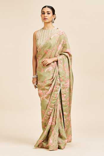 Issa Studio By Chetana & Swathi_Green Silk Round Neck Akasha Floral Print Saree And Blouse Set _Online_at_Aza_Fashions