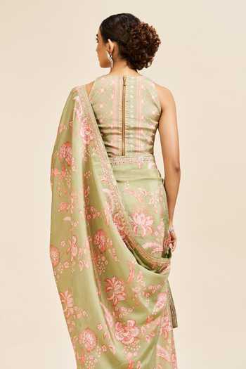 Shop_Issa Studio By Chetana & Swathi_Green Silk Round Neck Akasha Floral Print Saree And Blouse Set _at_Aza_Fashions