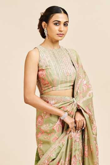 Shop_Issa Studio By Chetana & Swathi_Green Silk Round Neck Akasha Floral Print Saree And Blouse Set _Online_at_Aza_Fashions