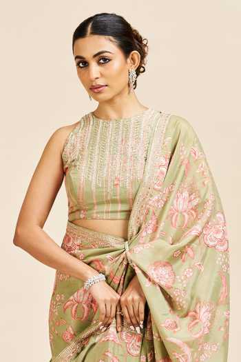 Issa Studio By Chetana & Swathi_Green Silk Round Neck Akasha Floral Print Saree And Blouse Set _at_Aza_Fashions